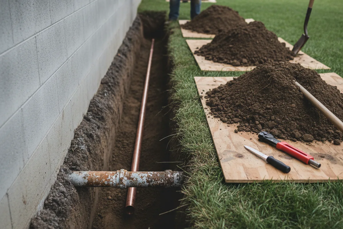 Excavated water line trench during Water Softener Installation in Melville